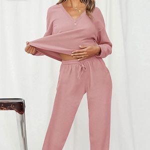 Woman Knit 2 Piece Long Sleeve Loungewear Jogger Set